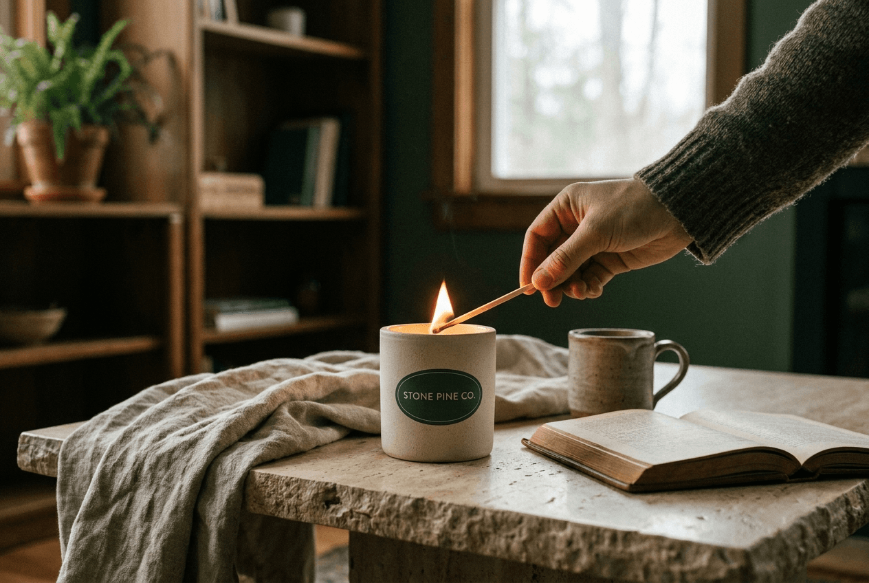 Lighting a Stone Pine candle